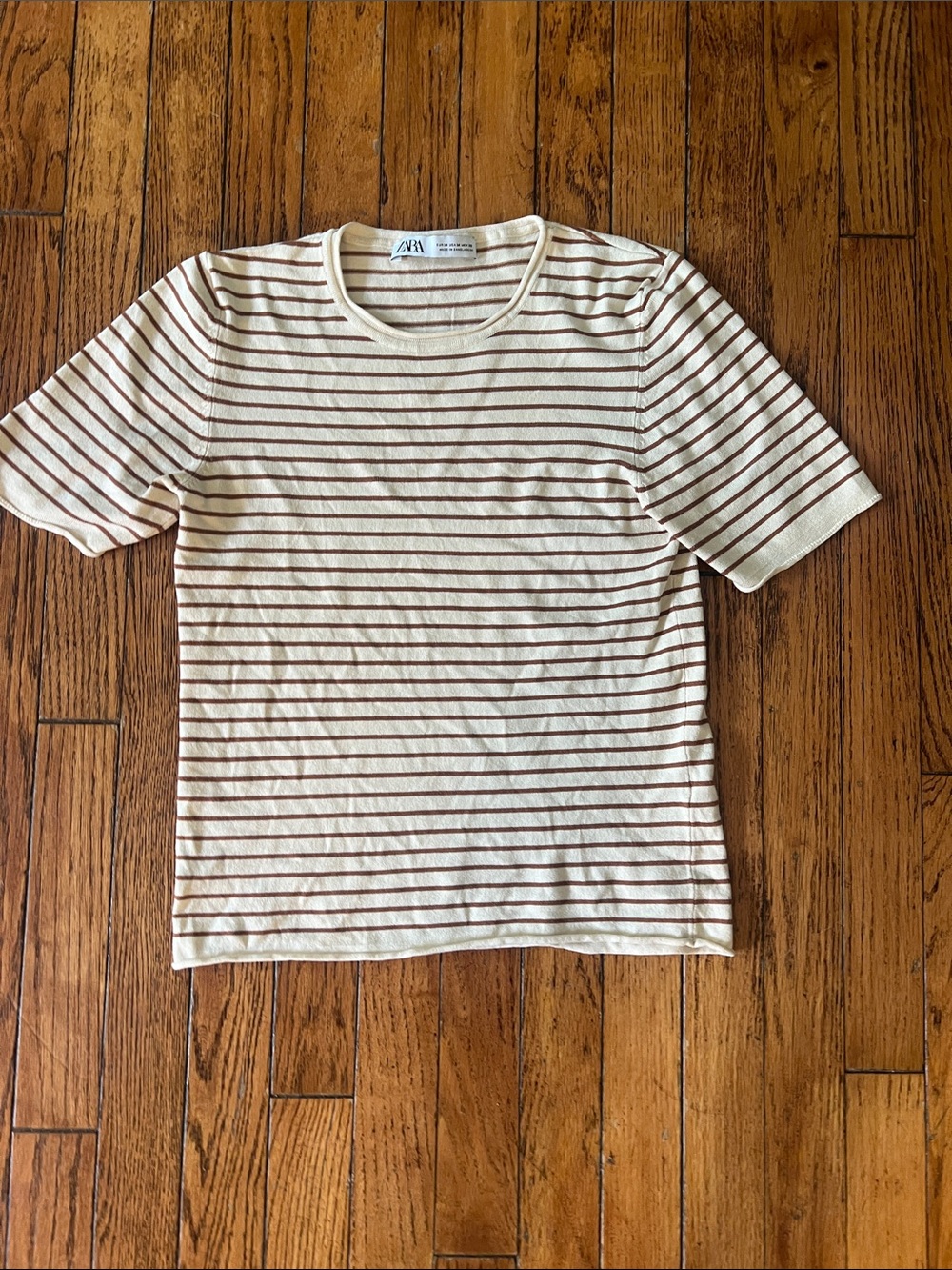 Zara Cream & Brown Striped Short Sleeve Top